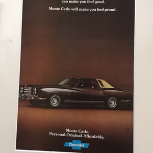 1970's Chevy Monte Carlo Print Advertisement "Any number of cars can make you feel good.  Monte Carlo will make you feel proud"