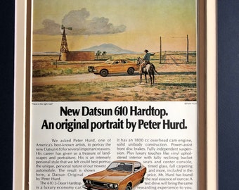 1970&#39;s Datsun 610 Hardtop print advertisement w/ original portrait by Peter Hurd