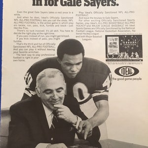 1960’s Ideal&#39;s NFL ALL-PRO Football &quot;J. Roger Barrington in for Gale Sayers&quot; print advertisement