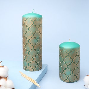 G Decor Moroccan Kanz Pressed Brass Emerald Lattice Jewel Green Pillar Candle