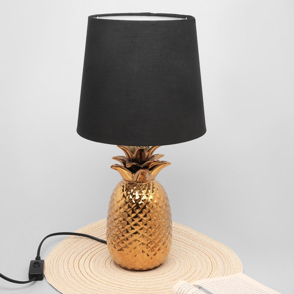 Lampada da comodino con paralume in tessuto nero ananas dorato Tang G Decor