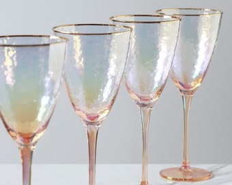G Decor Set of 4 Handmade Iridescent Pearl Hammered Wine Glasses with Gold Rim