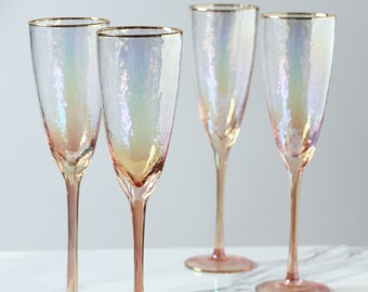 G Decor Set Of 4 Lustre Pearl Hammered Textured Champagne Flute Drinking Glasses