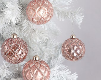 G Decor Set of 4 Glass Elegant Pink Christmas Tree Baubles with Silver Glitter Patterns