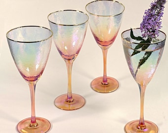 G Decor Set Of Four Lustre Amber Pearl Hammered Textured Wine Drinking Glasses