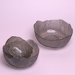 G Decor Calypso Irregular Transparent Grey Pressed Glass Gold Rim Serving Bowls Table Bowl