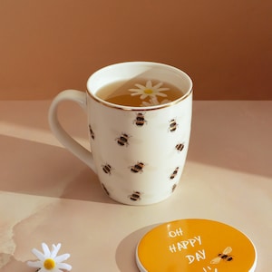 G Decor Bee Happy Mug & Coaster Gift Set Gold Large Cute Ceramic Cup with Matching Coaster