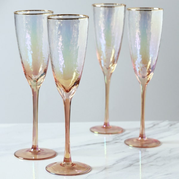 Ensemble de 4 verres à boire Flûte à champagne texturés, martelés et perlés, G Decor