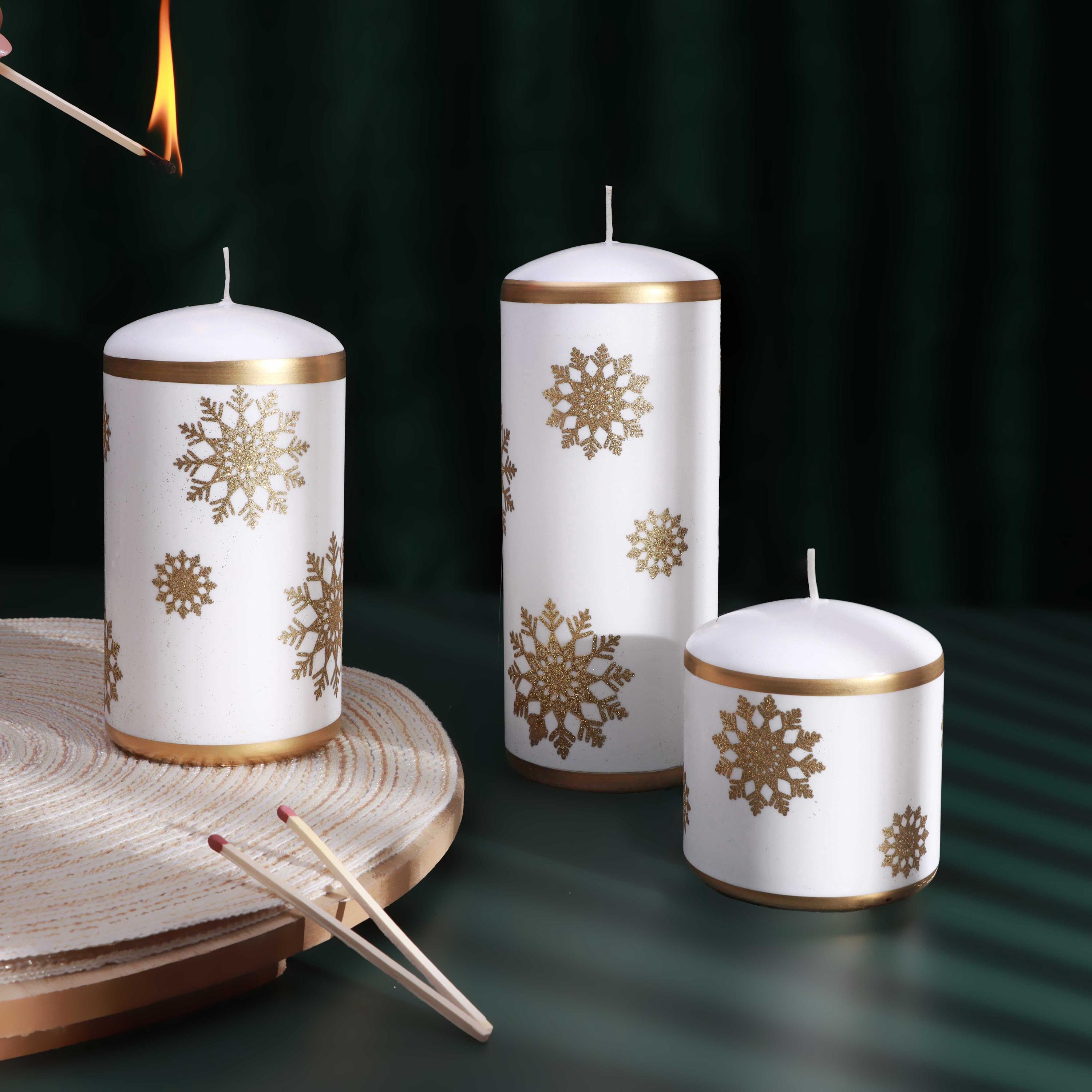 G Decor Golden Snowflake Hand-finished Pillar Candle Large Winter