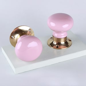 G Decor The Brassworks Edit Pink Set of Handcrafted Ceramic Porcelain Mortice Door Handles, Internal Turning Knobs with Solid Brass Finish