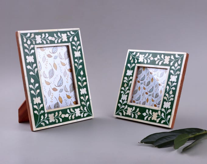 Floral Photo Frame, Folia Horn Bone Inlay Picture Frame, Green Patterned Frame, Handcrafted Tabletop Frame - G Decor