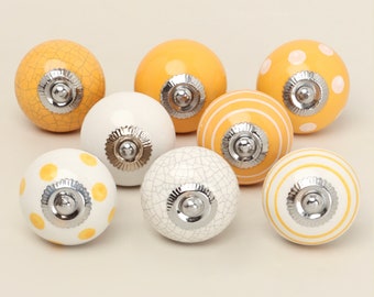 G Decor Set of 8 Yellow White Ceramic Door Knobs Cupboard Knobs