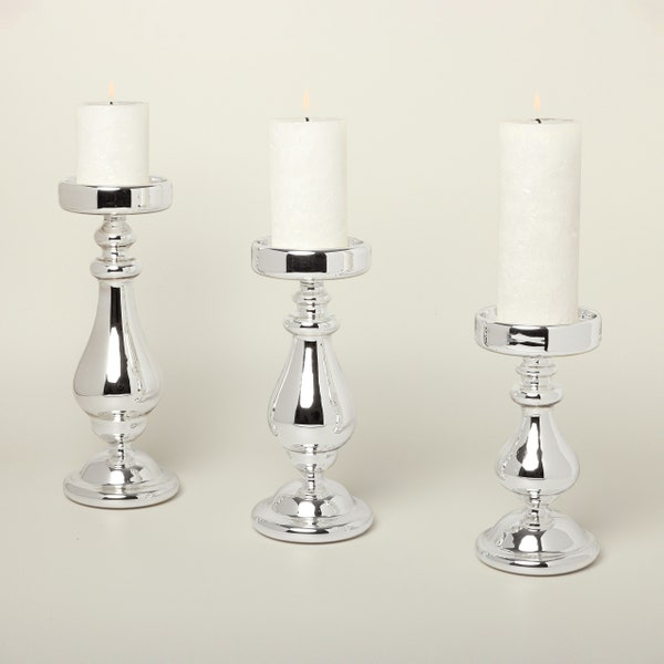 G Decor Set Of 3 Carter Silver Chrome Glass Vintage Mix Sizes Centerpiece Pillar Candle Holders