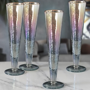 G Decor Set of 4 Handmade Iridescent Grey Hammered Champagne Flutes with Gold Rim