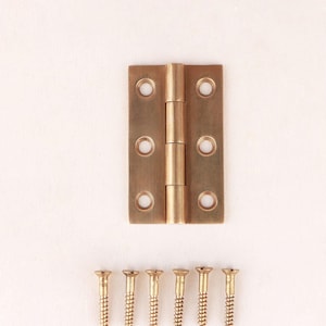 May include: A rectangular brass butt hinge with a central barrel and six countersunk screw holes, accompanied by six matching brass wood screws arranged in a horizontal row below the hinge, featuring a smooth, metallic finish throughout.