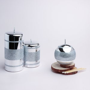 G Decor Mirror Glass Effect Clarae Limited Edition Hand-Finished Silver Stripe Glitter Pillar & Ball Candles