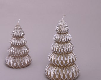 G Decor Snowy Glow Hand-Finished Christmas Tree Candle in Taupe Beige with Gold Sheen