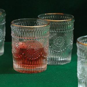G Decor Set of 4 Dario Vintage Sunflower Embossed Tumbler Glasses With Gold Rim
