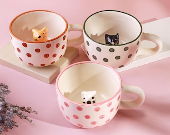 G Decor Handmade & Hand-Painted Peekaboo Cats Polka Dot Mug Collection Ceramic Tea And Coffee Cups with 3D Kitty Inside