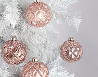 G Decor Set of 4 Hand-Painted Glass Blush Pink Mercury Effect Baubles Antique Rose Pink Christmas Tree Decorations