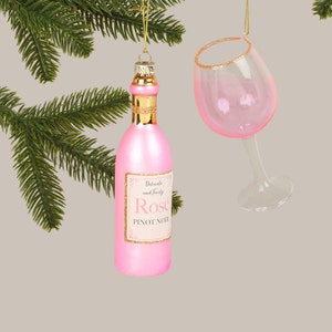 G Decor Vino Celebration Set of Rosé Wine Bottle & Glass Hand-Finished Christmas Tree Decorations Festive Hanging Ornaments