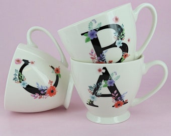 G Decor Personalized Initial Floral Alphabet Ceramic Tea Coffee XL Cup