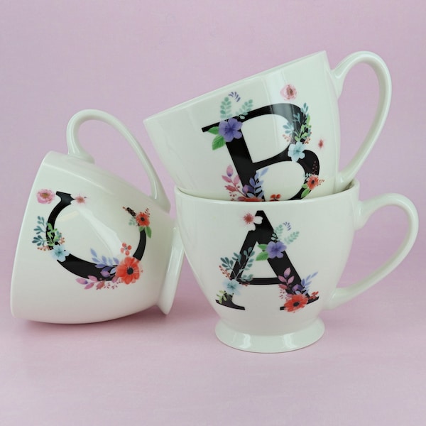 G Decor Personalized Initial Floral Alphabet Ceramic Tea Coffee XL Cup