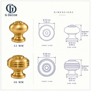 May include: Two gold-coloured metal cabinet knobs with technical dimension diagrams. The top knob is 32 mm (1.26 in) in diameter with a 31 mm (1.22 in) projection. The bottom knob is 38 mm (1.50 in) in diameter with a 30 mm (1.18 in) projection.