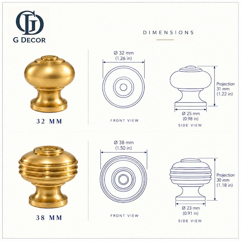 May include: Two gold-coloured metal cabinet knobs with technical dimension diagrams. The top knob is 32 mm (1.26 in) in diameter with a 31 mm (1.22 in) projection. The bottom knob is 38 mm (1.50 in) in diameter with a 30 mm (1.18 in) projection.