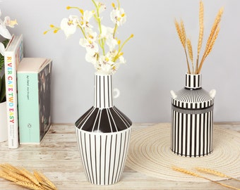 G Decor Lagos Black and White Ceramic Stripe Artistic Abstract Geometric Bold Lines Pattern Vase