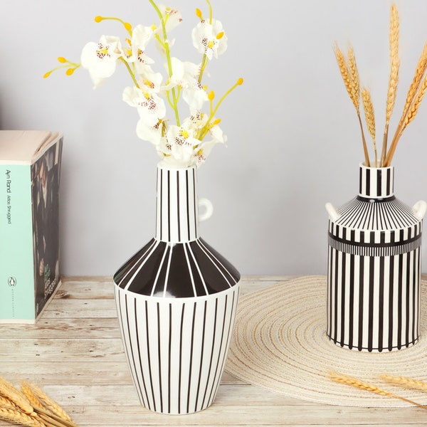 G Decor Lagos Black and White Ceramic Stripe Artistic Abstract Geometric Bold Lines Pattern Vase