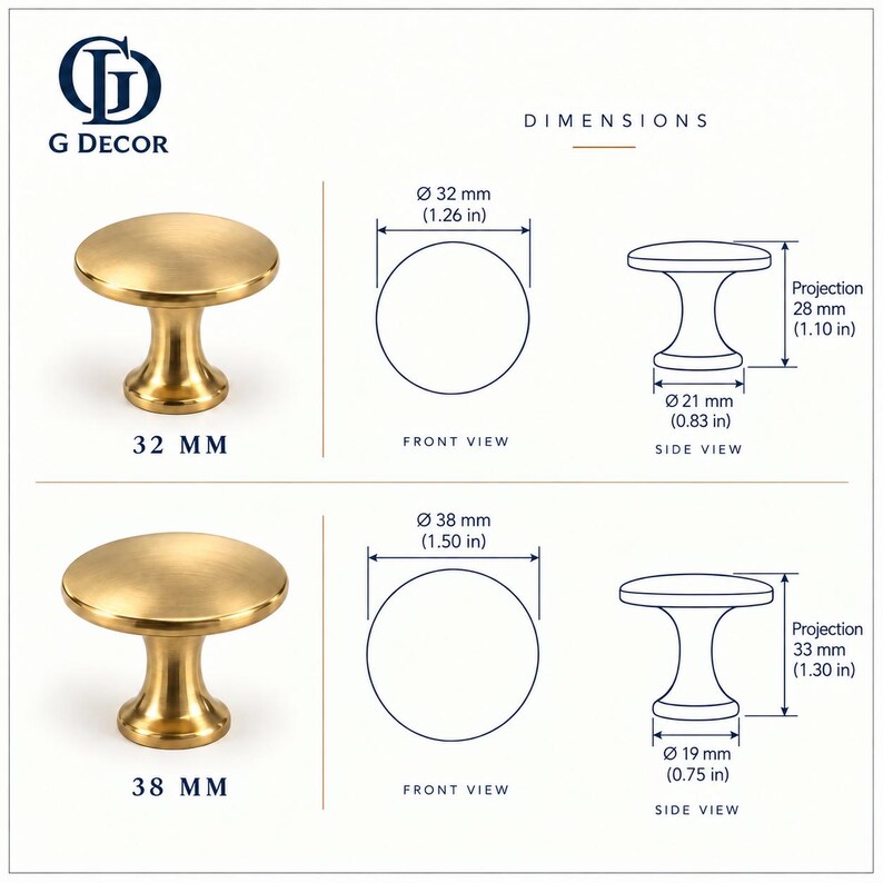 May include: Two gold-coloured metal cabinet knobs with a smooth, rounded top and a tapered base. The image displays technical diagrams with dimensions in millimetres and inches, showing a 32 mm diameter knob and a 38 mm diameter knob.