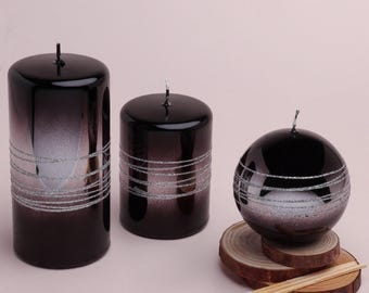 Pillar Candles, Roselane Mirror Glass Effect Silver Stripe Glitter Pillar Candle in Obsidian Black - G Decor