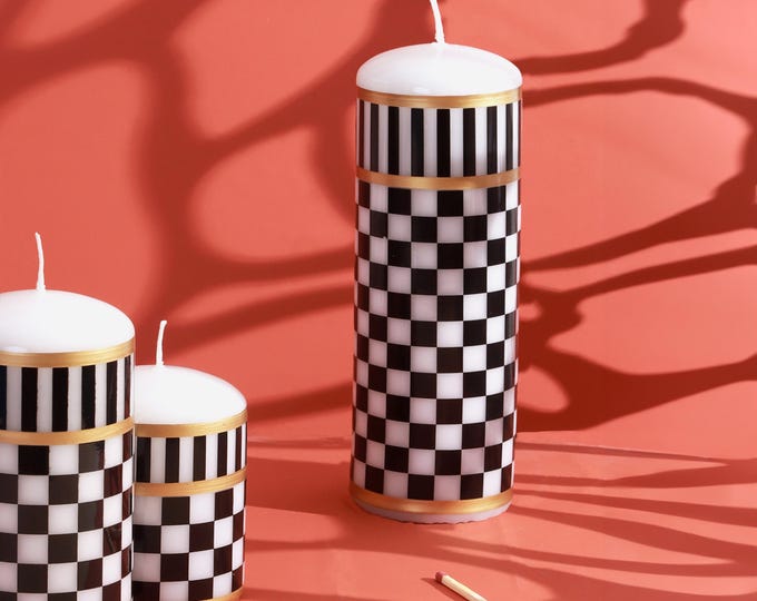 G Decor Monochrome Check Luxe Pillar Candle Black & White with Gold Accent