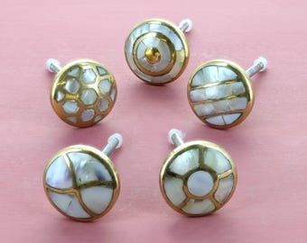 Drawer Knobs, Elizabeth Mother of Pearl & Brass Cabinet Knobs, Gold Cupboard Door Knobs, Dresser Knobs - G Decor