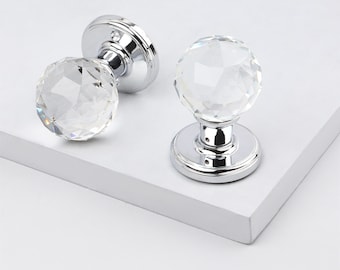 G Decor Paire de boutons de porte à mortaiser en verre transparent à facettes rondes en cristal massif 60 mm Finition chromée 1519