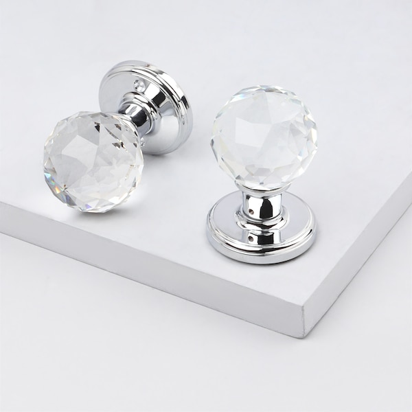 G Decor Pair of Solid Round Crystal Cut Faceted Clear Glass Mortice Door Knobs 60mm Chrome Finish 1519