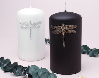 G Decor Dragonfly Nature White Or Black Elegant Pillar Candle