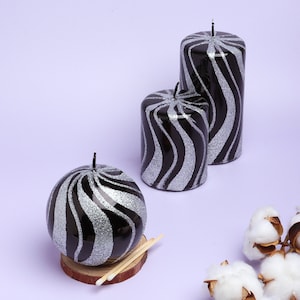 G Decor Mirror Glass Effect Limited Edition Hand-Finished Black And Silver Glitter Pillar & Ball Candles