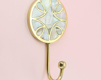 Wall Mounted Hooks, Elizabeth Mother of Pearl Coat Hook, Round Petal Inlay Brass Towel Hook - G Decor