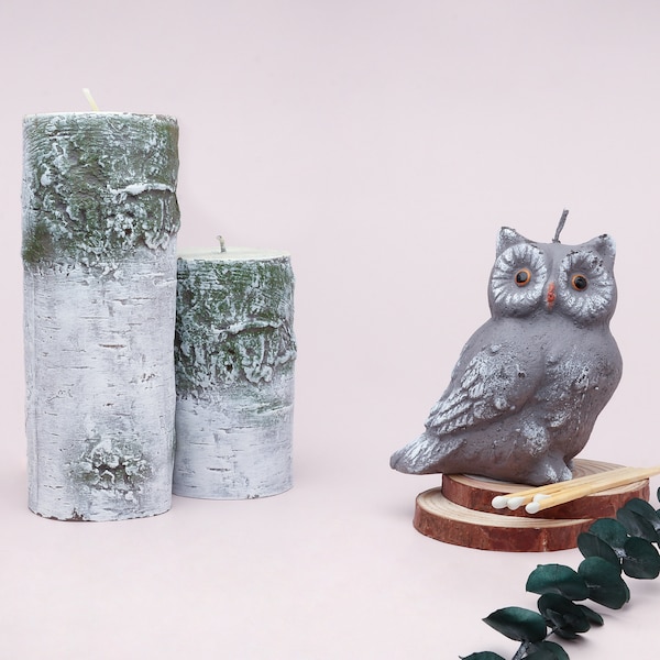 G Decor Birch Tree Log Effect Grey 3D Owl Figure Pillar Candle