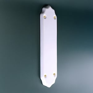 Könnte beinhalten: Eine weiße, längliche Türplatte mit dekorativer Ober- und Unterkante. Vier Messingschrauben befestigen die Platte an einer türkis farbenen Wand. Die Platte hat ein schlichtes, aber elegantes Design.