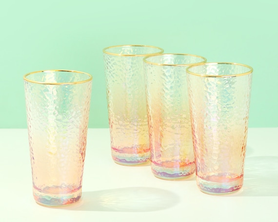 Vintage Textured Clear Striped Drinking Glasses Set of 24, (13 oz) Ribbed Glassware Set with Flower Design | Cocktail Set, Juice Glass, Water Cups