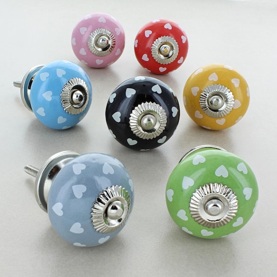 Polka Hearts on Ceramic Door Knobs Cupboard Drawer Door Handles by G Decor