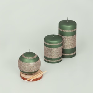 G Decor Matte Finish Clarae Limited Edition Hand-Finished Green And Gold Stripe Glitter Pillar & Ball Candles