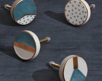 Ceramic Cabinet Knob, Geometric Drawer Knob, Polka Dot Cupboard Knob, Handcrafted Kitchen Knob Set - G Decor