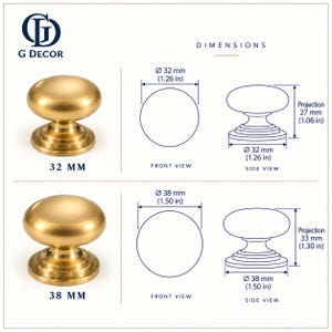 May include: Two brass-coloured cabinet knobs with a smooth, rounded top and a tiered base. The image includes technical diagrams showing dimensions of 32 mm and 38 mm in diameter, with projections of 27 mm and 33 mm respectively for each knob.