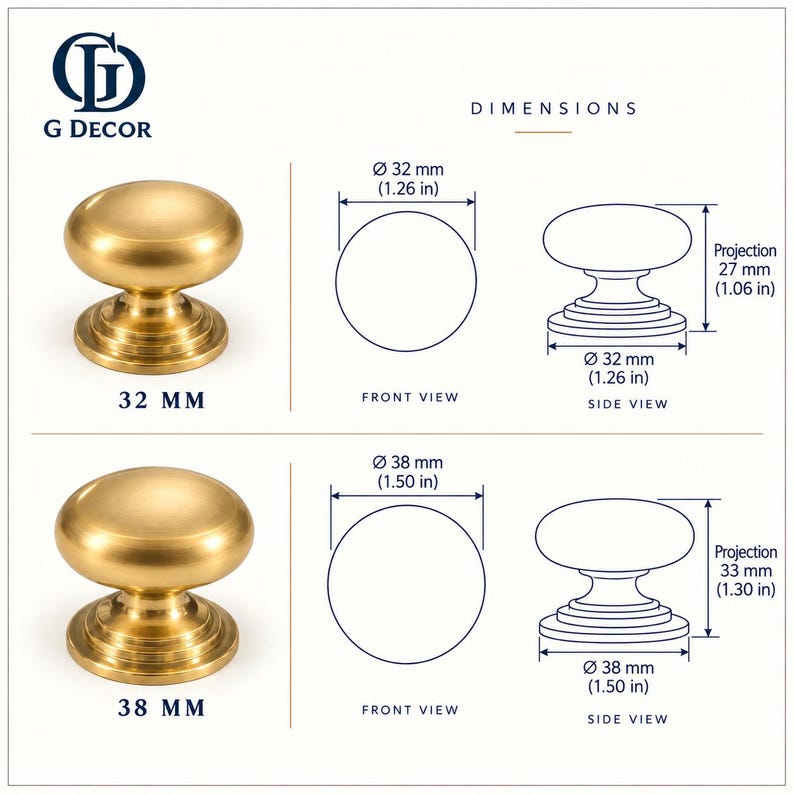 May include: Two brass-coloured cabinet knobs with a smooth, rounded top and a tiered base. The image includes technical diagrams showing dimensions of 32 mm and 38 mm in diameter, with projections of 27 mm and 33 mm respectively for each knob.