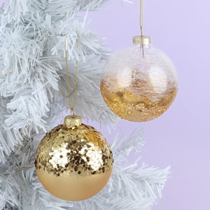 G Decor Grand Royale Hand-Painted Glass Baubles Half Sequin & Frosted Crackle Gold Statement Christmas Tree Decorations