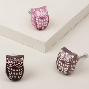 May include: Three owl-shaped cabinet knobs. One is purple with white details, one is brown with white details, and one is a darker brown with white details.